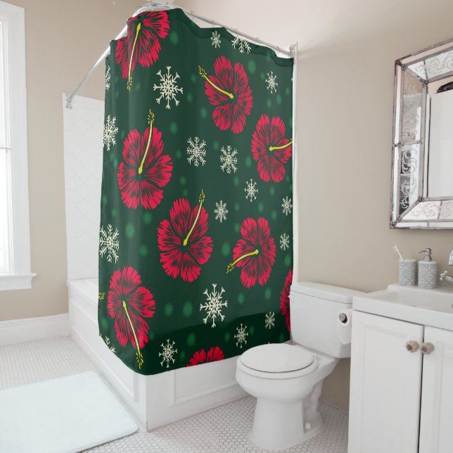 Rideaux De Douche Hibiscus floral tropical Snowflakes Noël | (En situation)