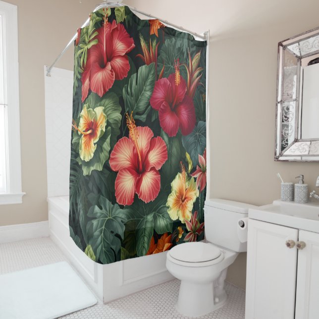 Rideaux De Douche Hibiscus hawaïen vif Fleurs tropicales (En situation)