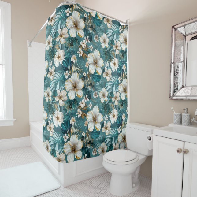 Rideaux De Douche Hibiscus Tropical Floral Sarcelle (En situation)