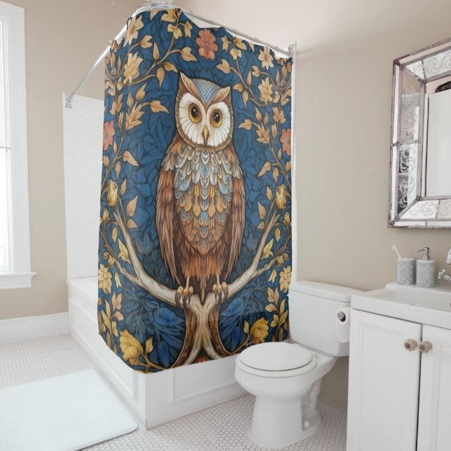 Rideaux De Douche Hibou sur une branche bleu automne arrière - plan  (En situation)