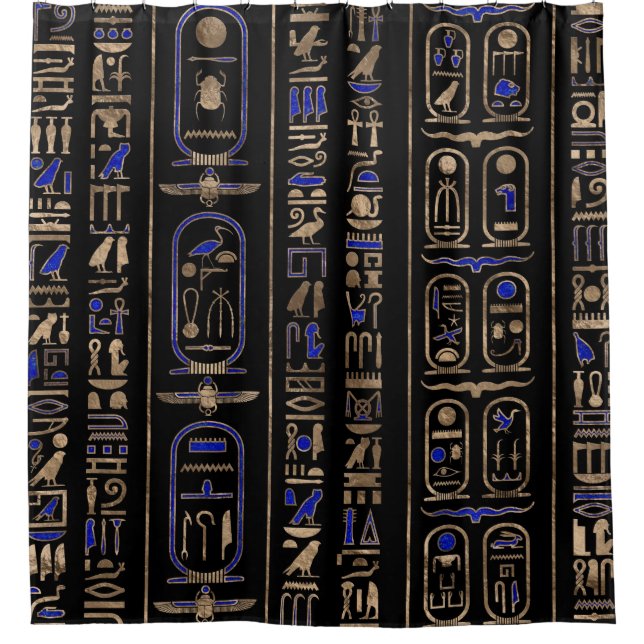Rideaux De Douche Hiéroglyphes égyptiens motif Gold Lapis Lazuli #2 (Devant)