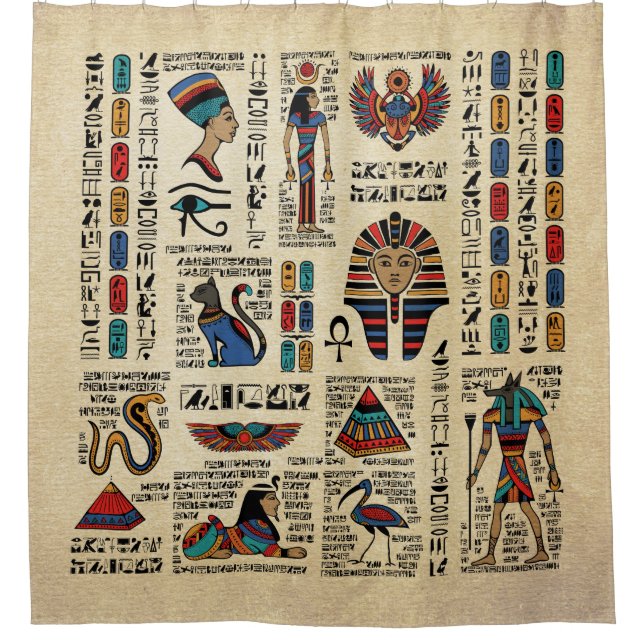 Rideaux De Douche Hiéroglyphes et divinités égyptiens sur papyrus (Devant)