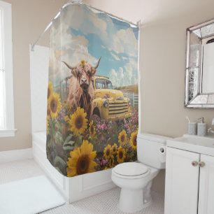 Rideaux De Douche Highland Cow Field Tournesols Vintage Camion jaune