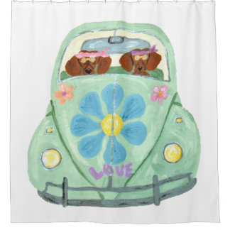 Rideaux De Douche Hippies de teckel dans le mobile d'amour de fleur