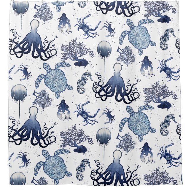 Rideaux De Douche Hippocampe d'Indigo Shibori Beach Octopus Sea Turu (Devant)
