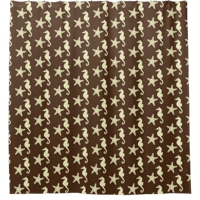 Rideaux De Douche Hippocampe et étoile de mer - cacao brun et beige (Devant)