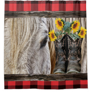 Rideaux De Douche Horse Cowboy Bottes Barre Rouge Plaid
