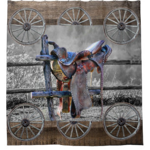 Rideaux De Douche Horse Saddle Corral clôture Western Wagon Wheels 