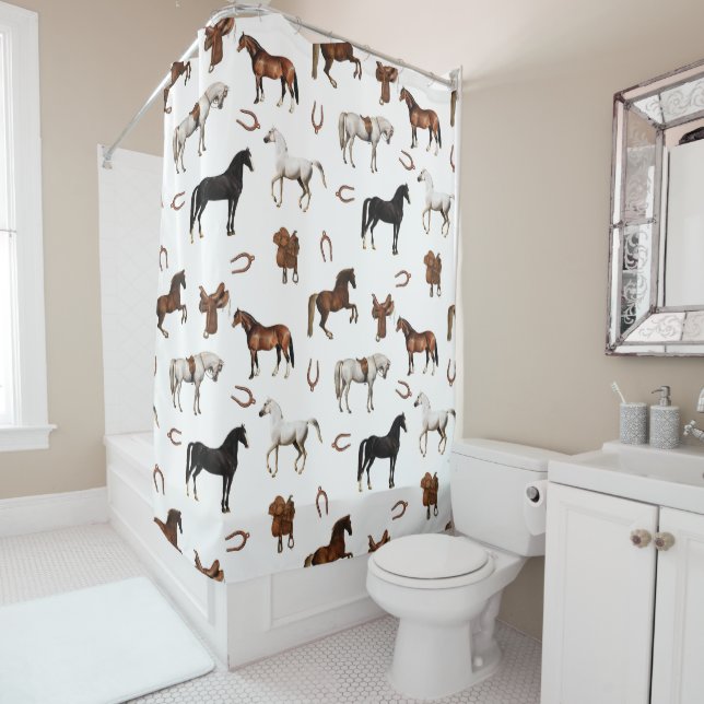 Rideaux De Douche Horses Watercolor Horseshoe Horse Saddles (En situation)