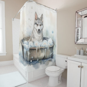 Rideaux De Douche Husky Sibérien Dans La Baignoire Aquarelle Chien A