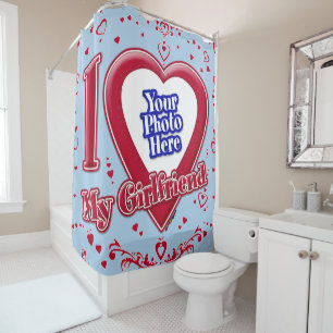 Rideaux De Douche I Love My Girlfriend Photo Red Hearts Light Blue