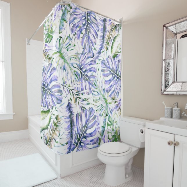 Rideaux De Douche Île Purple Lilac Tropical Palm Feuille Été (En situation)
