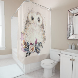 Rideaux De Douche Illustration animale de Boho de hibou en pastel