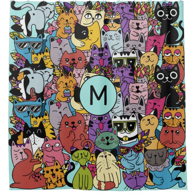 Rideaux De Douche Illustration de chats amusants Monogrammes personn (Devant)