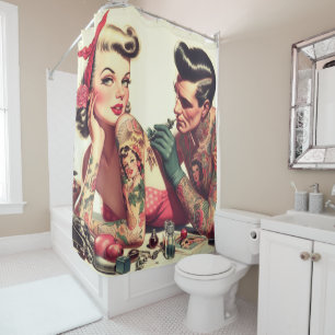 Rideaux De Douche Illustration de couple de tatouage vintage Old Sch