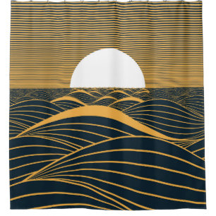Rideaux De Douche Illustration de lune de soleil stylisée, mer sombr