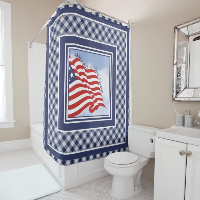 Rideaux De Douche Illustration du drapeau américain Bleu blanc rouge (En situation)