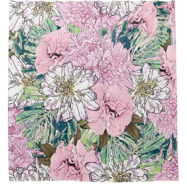 Rideaux De Douche Illustration florale rose et blanche de mignonne f (Devant)