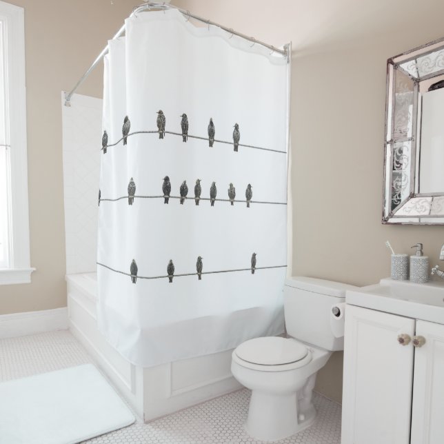 Rideaux De Douche Illustration simple d'oiseaux sur les fils dessiné (En situation)