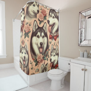 Rideaux De Douche Illustration Vintage de Husky Sibérien