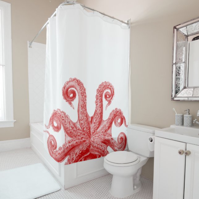 Rideaux De Douche Illustration vintage rouge de tentacules de poulpe (En situation)