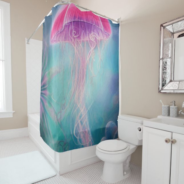 Rideaux De Douche Imaginaire Abstrait De Méduse Rose Dans L'Océan (En situation)