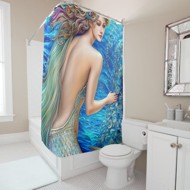 Rideaux De Douche Imaginaire Bleu Sirène Ocean Waves Art (En situation)