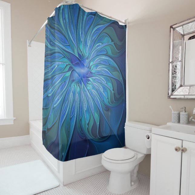Rideaux De Douche Imaginaire Fleur Bleue Motif, Art Fractal Abstrait (En situation)