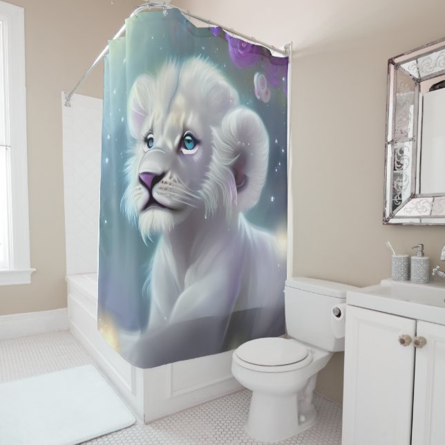 Rideaux De Douche Imaginaire Lion Bébé Blanc (En situation)