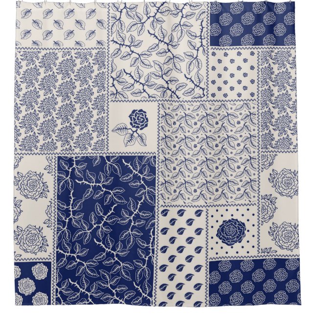 Rideaux De Douche Indigo Bleu Beige Floral Patchwork (Devant)