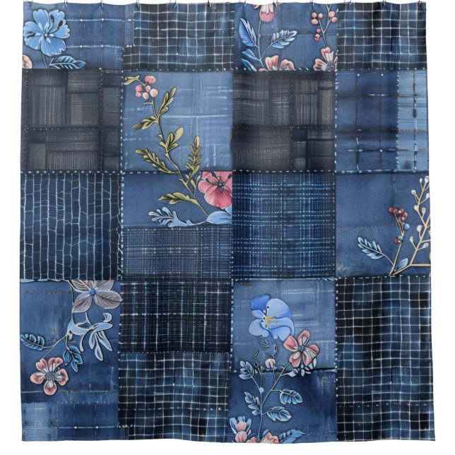 Rideaux De Douche Indigo Floral Patchwork Motif | Boho Denim (Devant)