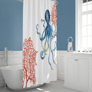 Rideaux De Douche Indigo Ocean Rouge Ventilateur Corail Bleu Octopus