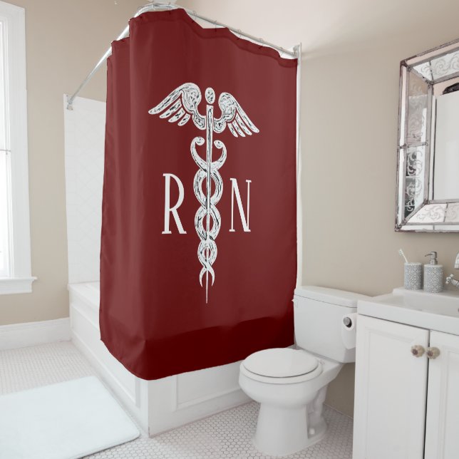 Rideaux De Douche Infirmière RN Médicale Caduceus Russe Bourgogne Bl (En situation)
