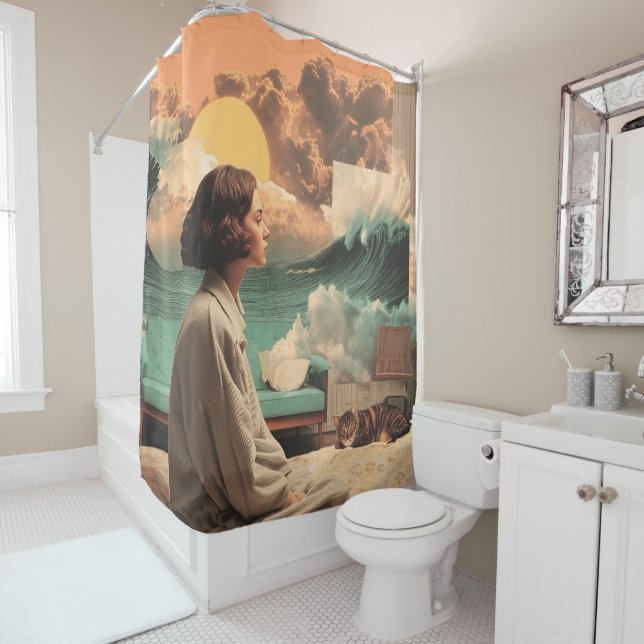 Rideaux De Douche Intérieur surréaliste avec femme et chat (En situation)