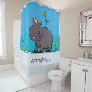 Rideaux De Douche Ippopotame drôle mignon avec dessin animé d'oiseau