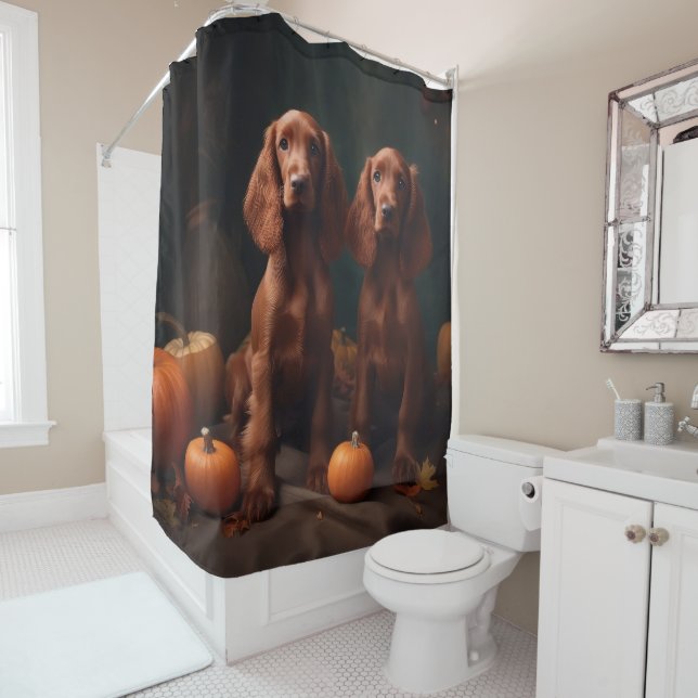 Rideaux De Douche Irlandais Red Setter Chiot Automne Citrouille de p (En situation)