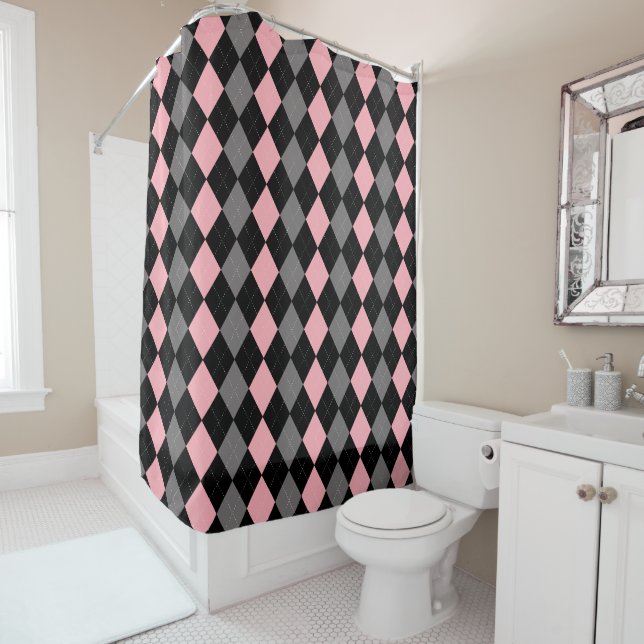 Rideaux De Douche Jacquard gris noir rose rétro (En situation)