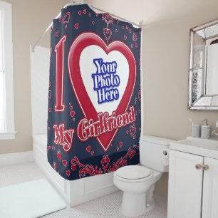 Rideaux De Douche J'aime ma petite amie Photo Cœurs rouges Navy