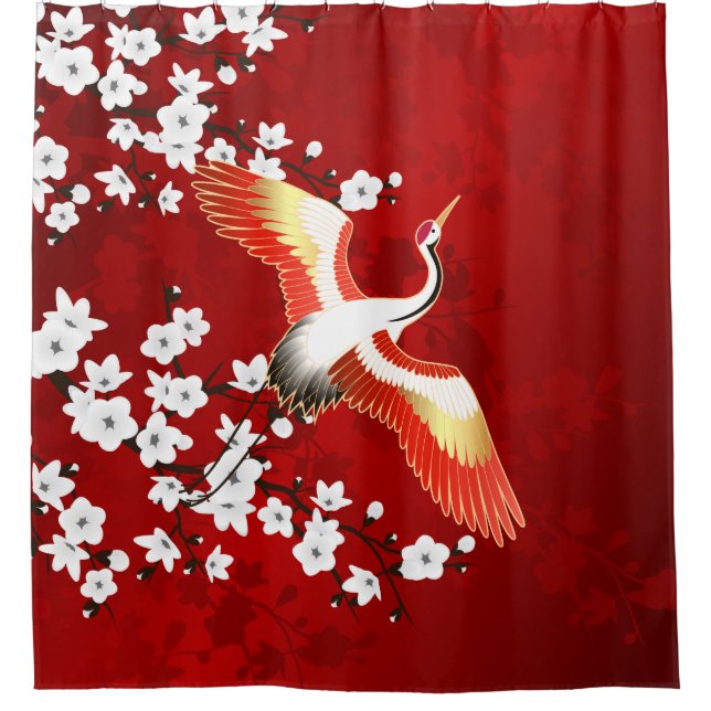 Rideaux De Douche Japonaise Grue Blanc Cerisier Fleur Rouge (Devant)