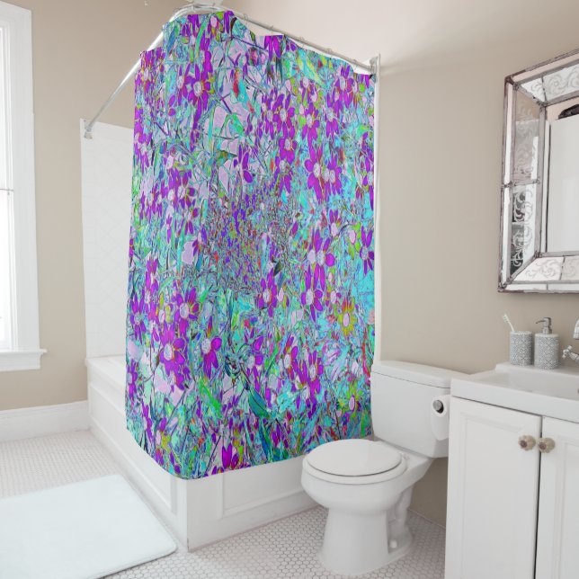 Rideaux De Douche Jardin Aqua aux fleurs violettes bleues et roses c (En situation)