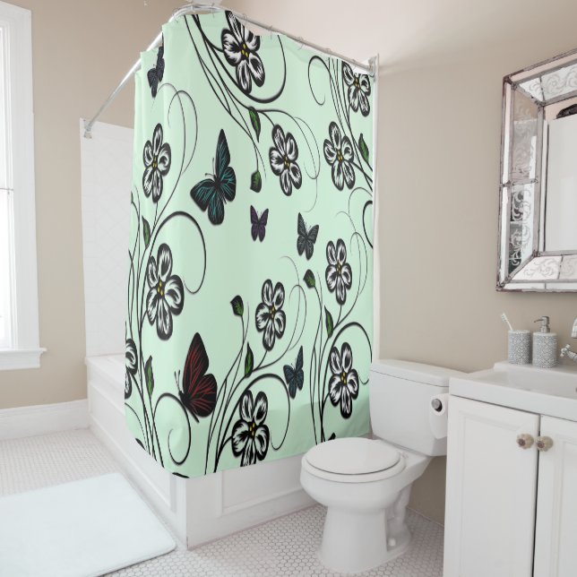 Rideaux De Douche Jardin aux papillons vert (En situation)