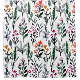 Rideaux De Douche Jardin d'été Fleurs sauvages Aquarelle blanc vert