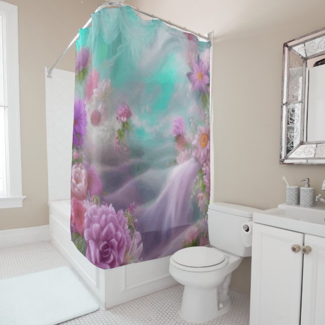 Rideaux De Douche Jardin D'Imaginaire Avec Fleurs Et Cascade Rose (En situation)