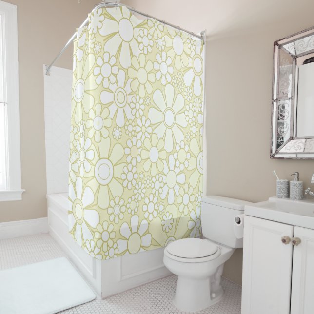 Rideaux De Douche Jardin Rétro joyeux motif floral pâle Jaune (En situation)