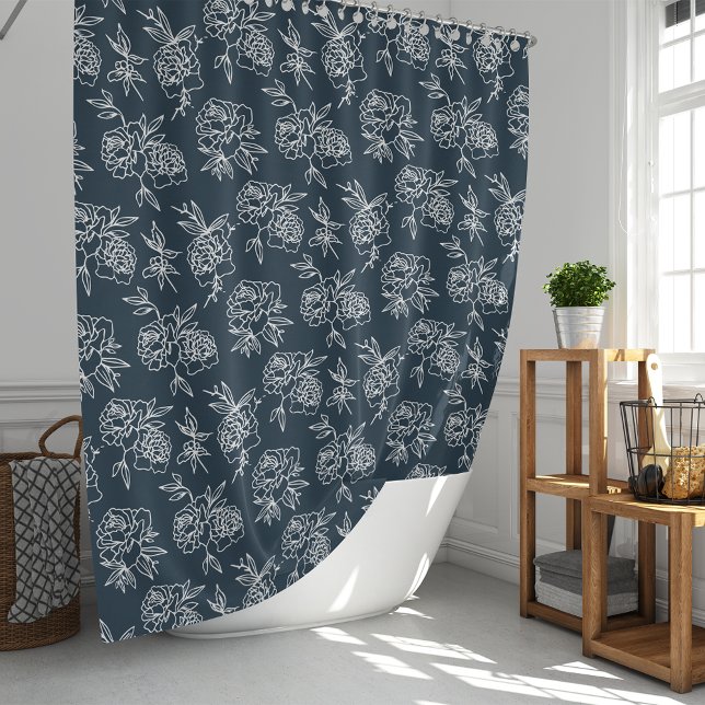 Rideaux De Douche Jardin Secret Marine & Blanc Moderne Motif Floral (Créateur téléchargé)