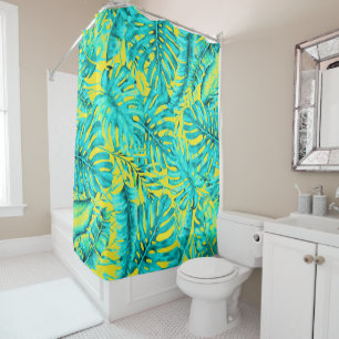 Rideaux De Douche Jaune et Turquoise Feuilles de Palmier Tropical Îl