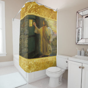 Rideaux De Douche Jesus At Your Door avec un dessin en feuille d'or
