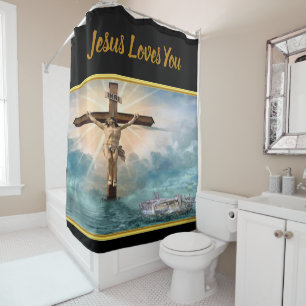 Rideaux De Douche Jésus pendant d'une croix chrétienne de