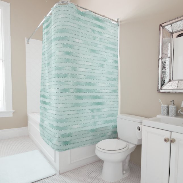 Rideaux De Douche Joli Aqua Mint Glitzy Parties scintillant rayures (En situation)