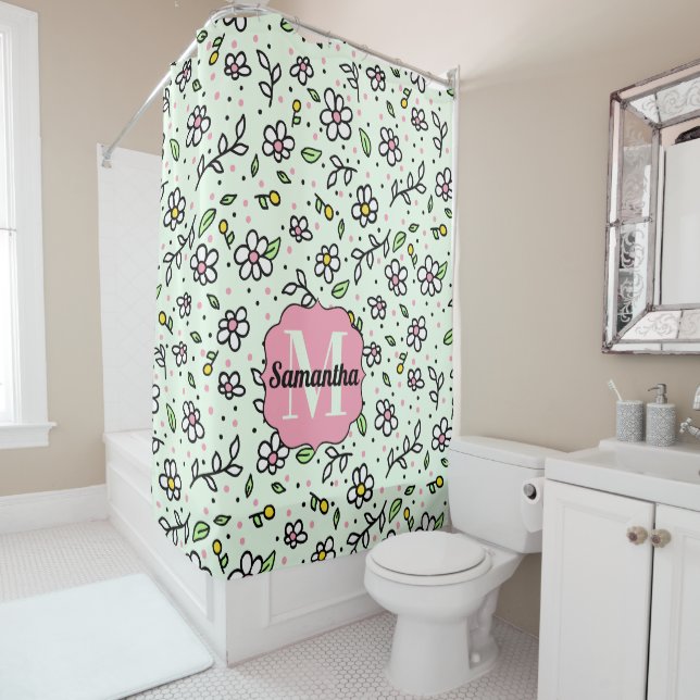 Rideaux De Douche Joli Doodle Daisy Flowers mignon Monogramme Motif (En situation)